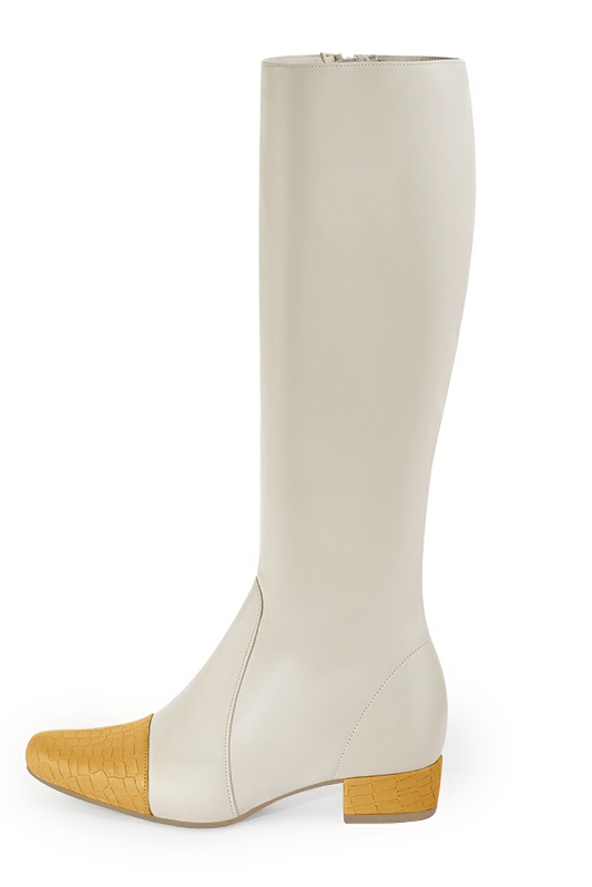 Mustard yellow and off white women's feminine knee-high boots. Round toe. Low block heels. Made to measure. Profile view - Florence KOOIJMAN